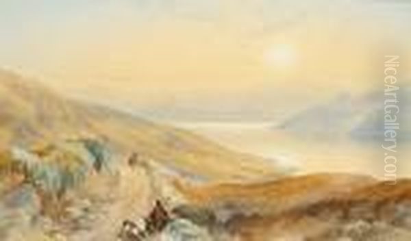 View Over A Lake, Signed And Dated 1852, Watercolour Oil Painting by James Burrell-Smith