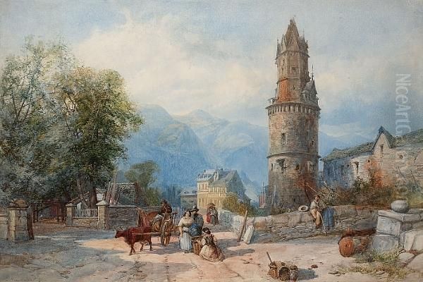 Continental Village Scene Oil Painting by James Burrell-Smith