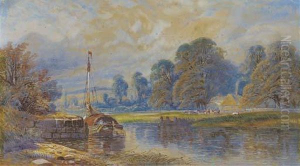 A Barge Moored On A River, With Cattle Grazing Before A Hamlet Beyond Oil Painting by James Burrell-Smith