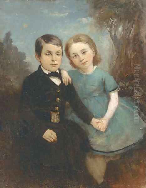 Portrait of two children, full-length, the girl in a blue dress and the boy in a black suit, in a landscape Oil Painting by English School