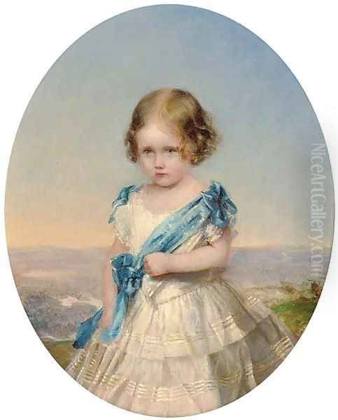 Portrait of young girl, three-quarter-length, in a white dress with blue sash, a landscape beyond Oil Painting by English School