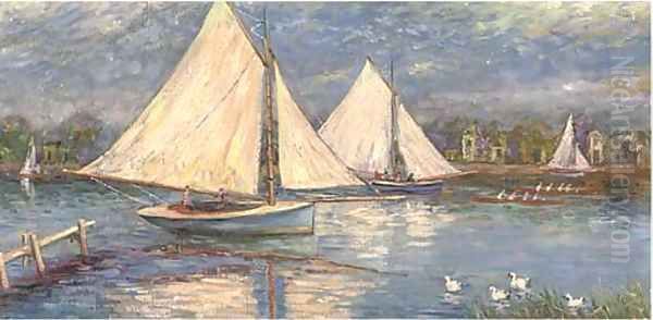 Sailing vessels on a river Oil Painting by English School