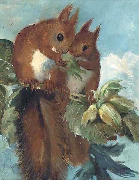 Squirrels Oil Painting by English School