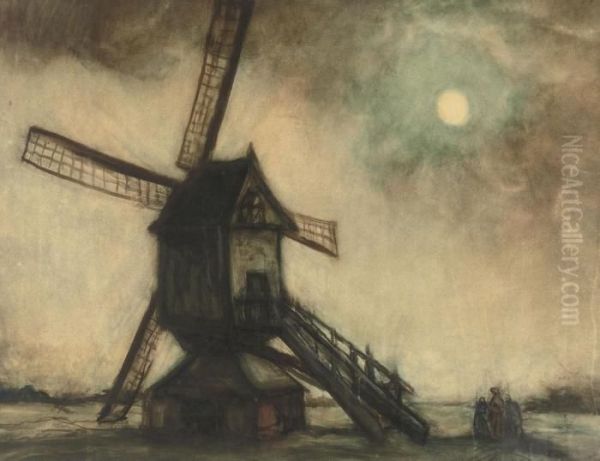 Figures Near A Windmill Oil Painting by Jakob Smits