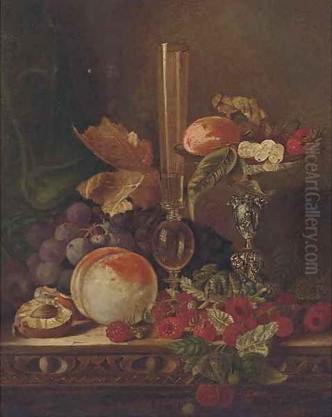 Strawberries, grapes and peaches on a table and pedestal bowl with a glass vase Oil Painting by English School