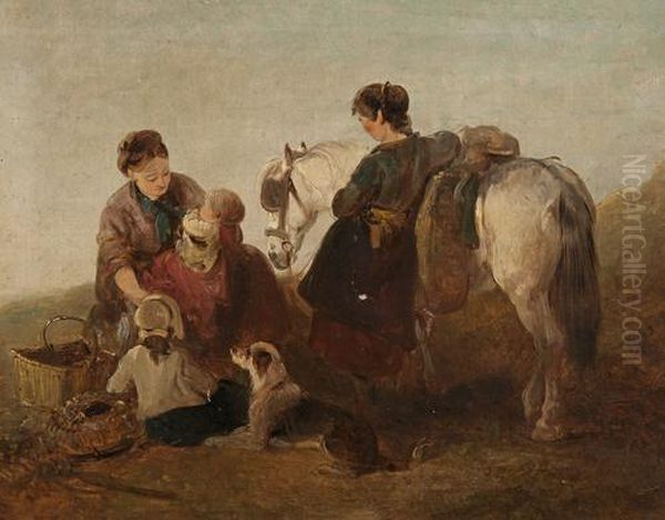 A Mother With Her Children, Dog And Pony By The Shore Oil Painting by Edward Robert Smythe