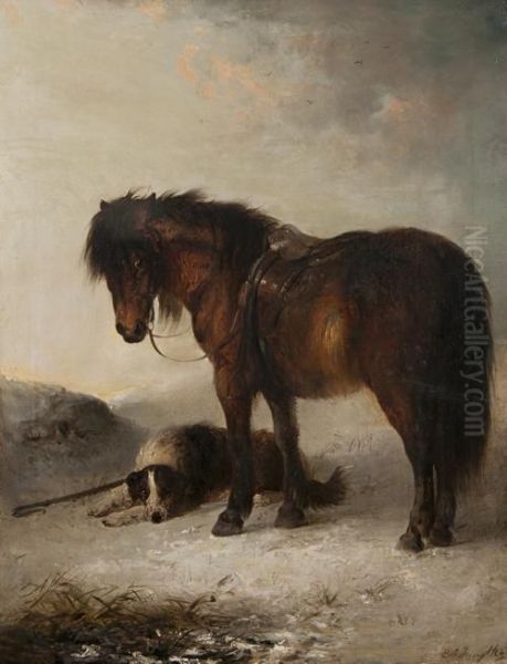 Bay Pony With Sheepdog And Crook In The Snow Oil Painting by Edward Robert Smythe