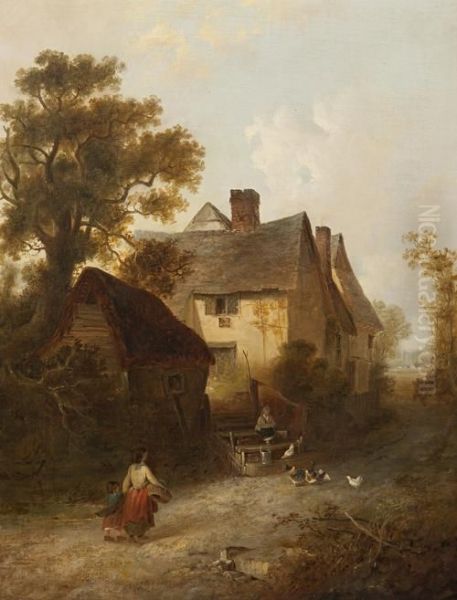 Mother And Child And A Little Girl With Chickens Before A Farmhouse Oil Painting by Edward Robert Smythe