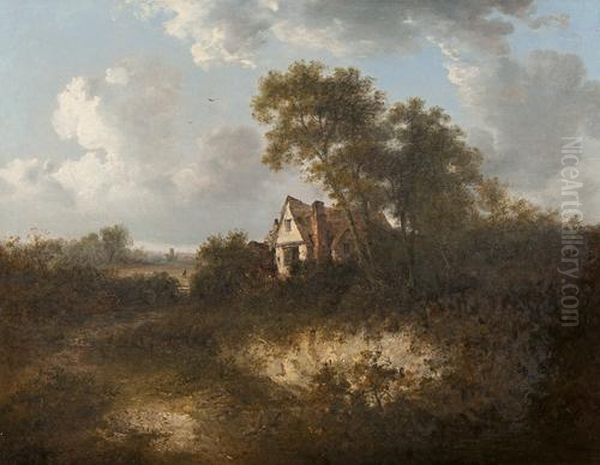 Farmhouse Amidst Trees In An Extensive Landscape Oil Painting by Edward Robert Smythe