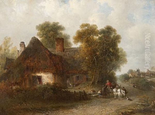 Village Scene With A Cart Pulled By A Grey Pony Oil Painting by Edward Robert Smythe