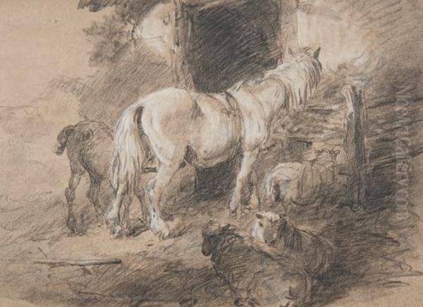 Horses And Sheep By A Stable Door Oil Painting by Edward Robert Smythe