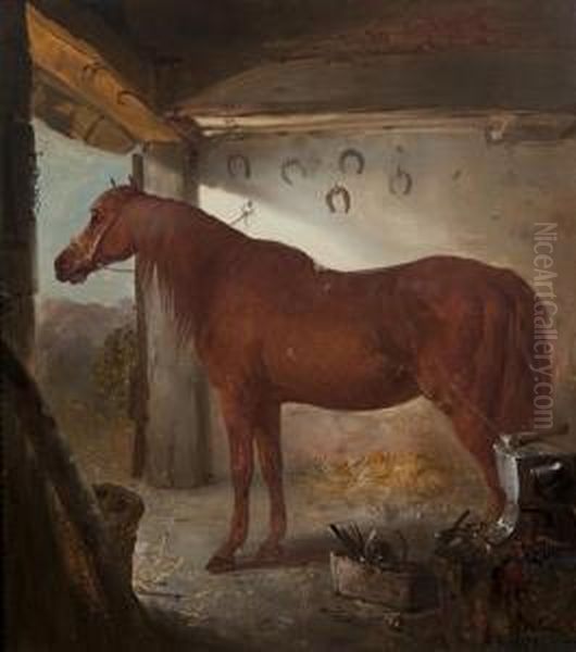 A Chestnut Horse In A Forge Interior Oil Painting by Edward Robert Smythe