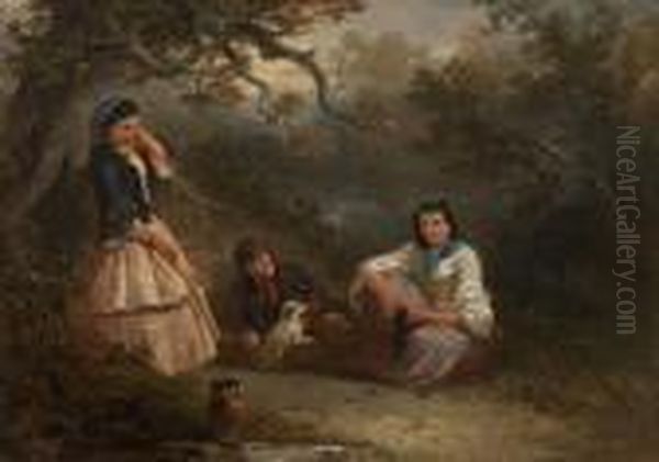 Gypsies With A White Dog Beneath An Old Oak, Dusk Oil Painting by Edward Robert Smythe