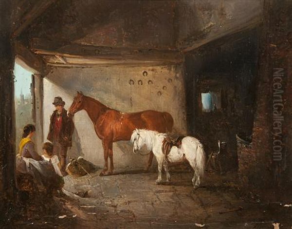 Mother And Child With A Young Man, Chestnut Hunter And Grey Pony In A Smithy Doorway Oil Painting by Edward Robert Smythe