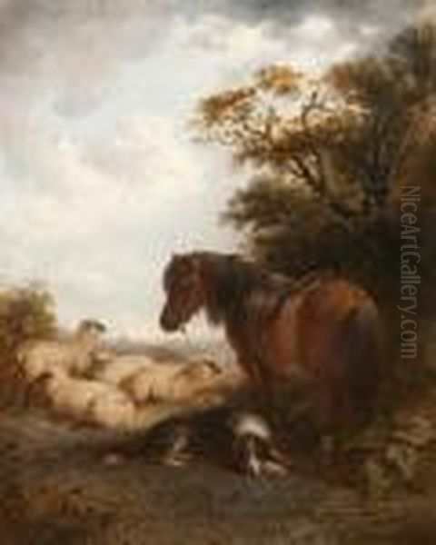 Brown Pony, Sheepdog And Flock On A Summer Hillside Oil Painting by Edward Robert Smythe