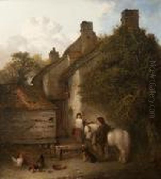 Children With Grey Pony, Spaniel And Chickens At A Cottage Doorway Oil Painting by Edward Robert Smythe