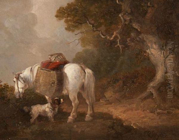 White Pack Horse And A Dog Beside An Oak Tree Oil Painting by Edward Robert Smythe