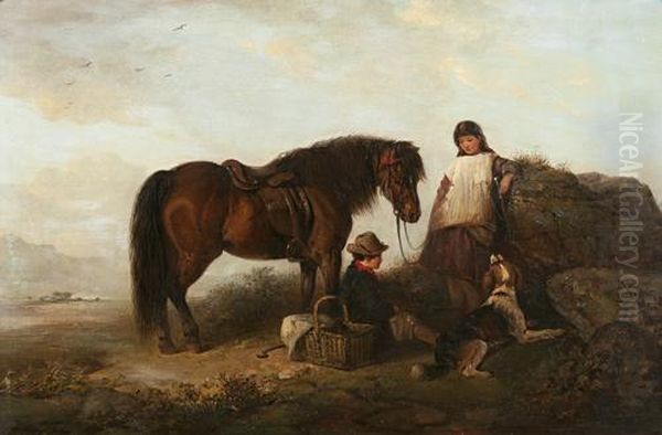 Waiting - A Boy And Girl With Bay Pony, Dog And Picnic Basket Oil Painting by Edward Robert Smythe