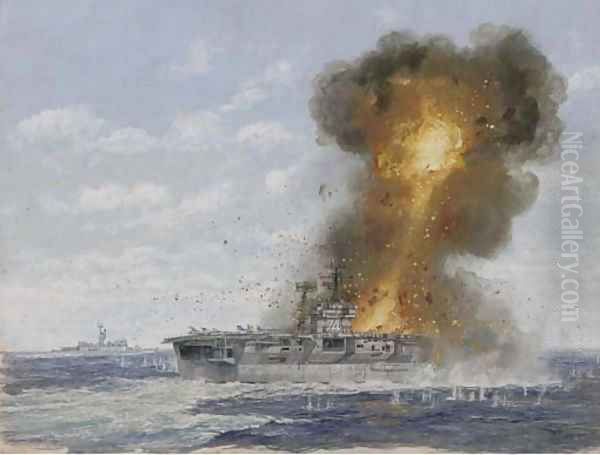 The U.S. aircraft carrier Radnich under enemy fire Oil Painting by English School