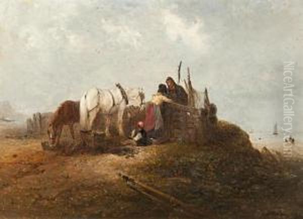 Figures In Conversation On A Beach With Ponies And Figures Beyond Oil Painting by Edward Robert Smythe