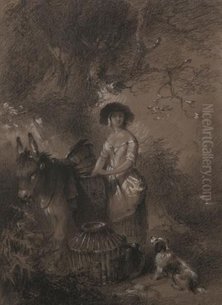 Woman With Her Laden Donkey, A Dog And Birdcage By A Tree Oil Painting by Edward Robert Smythe