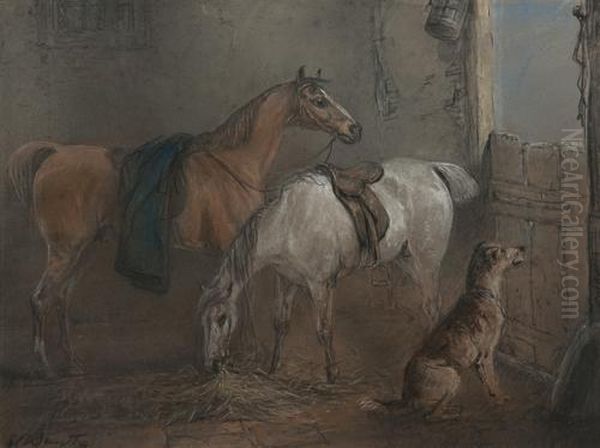 Two Bay Hunters And A Dog In A Stable Interior Oil Painting by Edward Robert Smythe