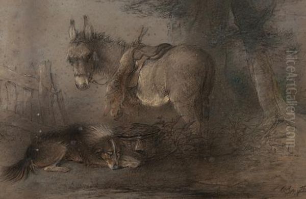 The Gamekeeper's Donkey And Dog Waiting By A Tree Oil Painting by Edward Robert Smythe