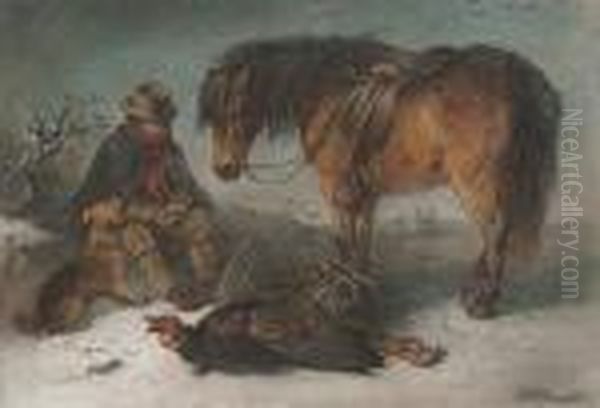 Man With Brown Pony And A Dead Turkey In The Snow Oil Painting by Edward Robert Smythe