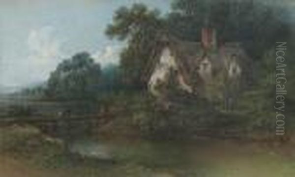 Thatched Cottage With Footbridge In An Extensive Wooded Landscape Oil Painting by Edward Robert Smythe