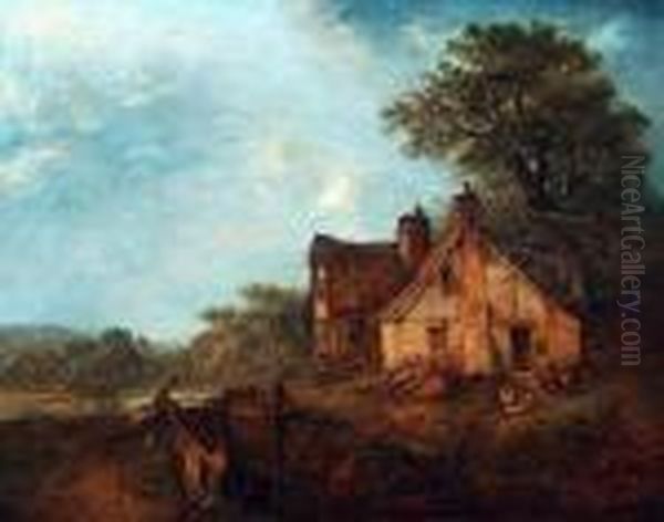 Figures And Chickens Before A Country Cottage Oil Painting by Edward Robert Smythe