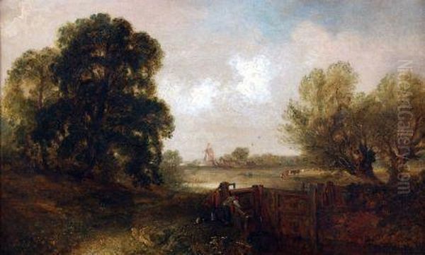 Anglian Landscape With Figure And Dog By A Lock Oil Painting by Edward Robert Smythe