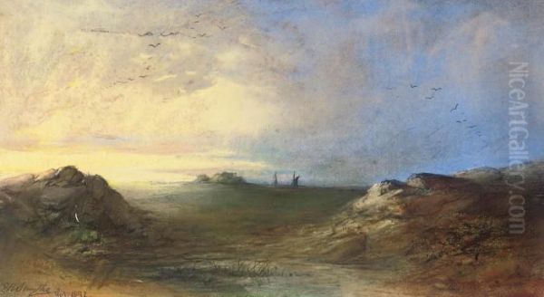 Sunset Over The Heath, Shipping In The Distance Oil Painting by Edward Robert Smythe