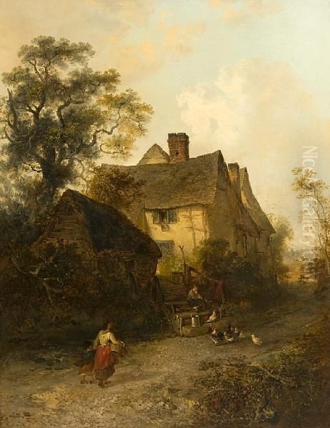 Figures And Chickens Before A Cottage Oil Painting by Edward Robert Smythe