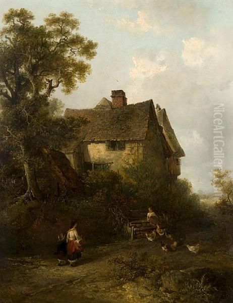 Figures And Chicken Before A Cottage Oil Painting by Edward Robert Smythe