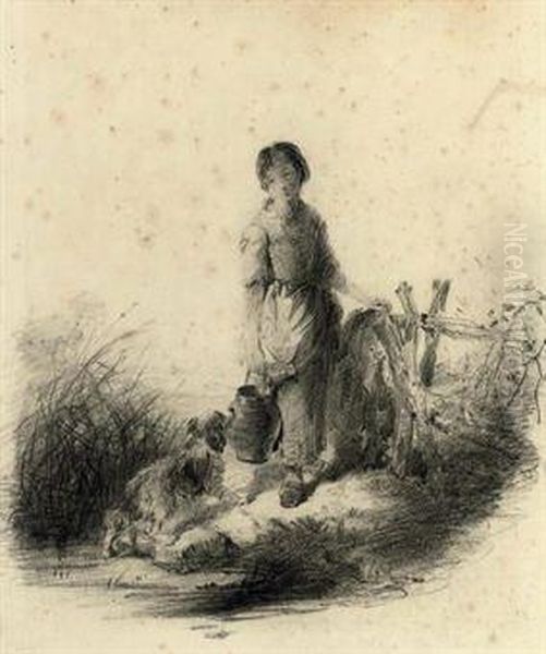 A Girl Fetching Water From A Stream With Her Dog Oil Painting by Edward Robert Smythe