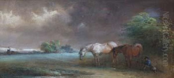 Rural Landscapewith Horses And Seated Figure Oil Painting by Edward Robert Smythe