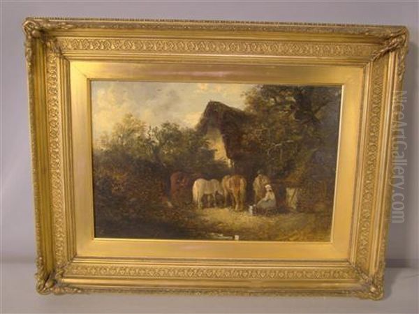 Country Folk With Horses Outside Their Cottage Oil Painting by Edward Robert Smythe