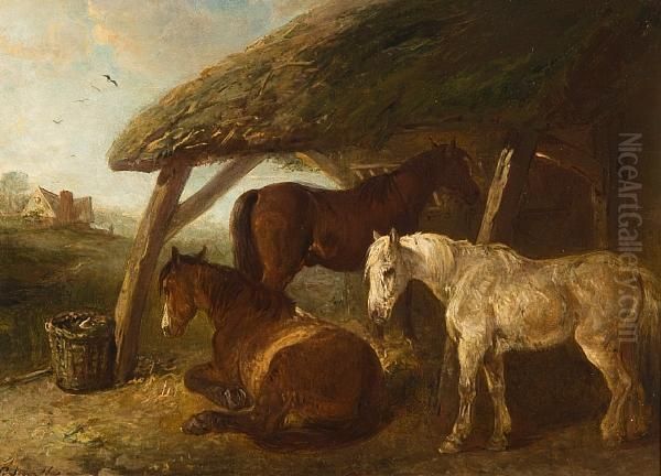 Horses Sheltering In A Barn Oil Painting by Edward Robert Smythe