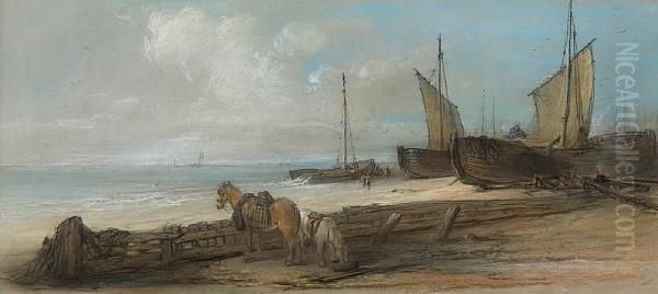 Horses And Boats On A Beach, Possibly Yarmouth Oil Painting by Edward Robert Smythe