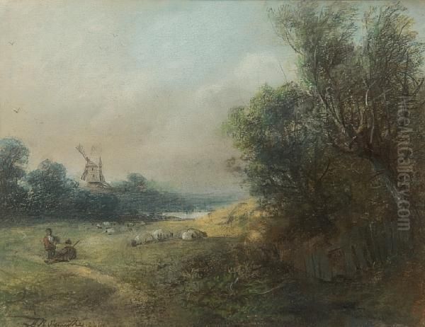 Landscape With Figures And Windmill Oil Painting by Edward Robert Smythe