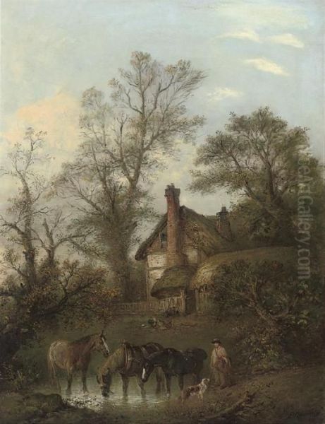 Horses Watering Before A Thatched Cottage Oil Painting by Edward Robert Smythe