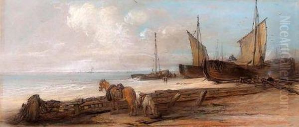 Fisherman With Boats Beyond Oil Painting by Edward Robert Smythe