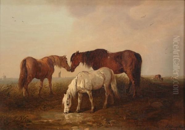 Three Ponies In A Landscape Oil Painting by Edward Robert Smythe