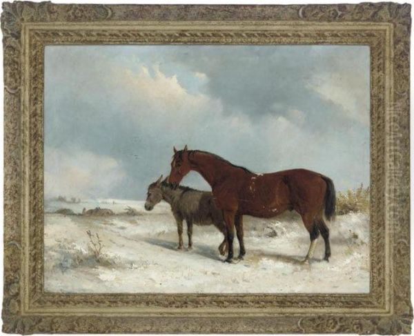 A Horse And Foal In A Winter Landscape Oil Painting by Edward Robert Smythe