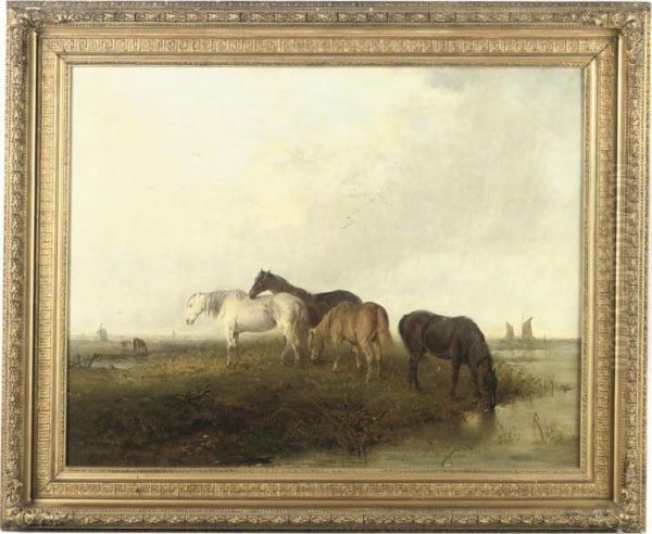 Horses On The Norfolk Broads Oil Painting by Edward Robert Smythe