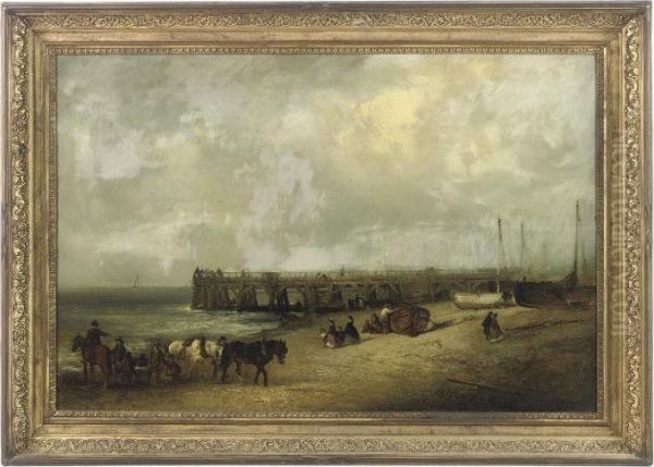 The Yarmouth Jetty, With Promenaders, Fishermen And Travellers Withtheir Horses Oil Painting by Edward Robert Smythe