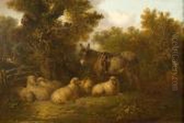 Donkey And Sheep By A Gate Oil Painting by Edward Robert Smythe