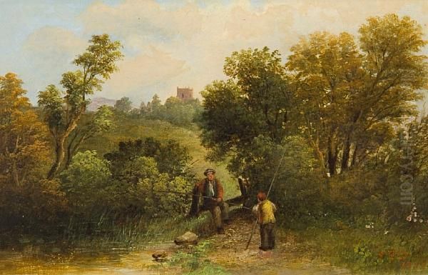 Figures Fishing In A Woodland Landscape Oil Painting by Edward Robert Smythe