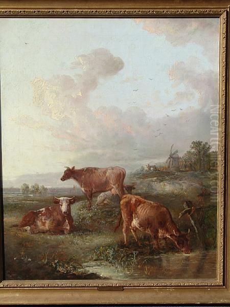 East Anglian Landscape With Cattle To Thefore, A Windmill And Cottage Beyond Oil Painting by Edward Robert Smythe