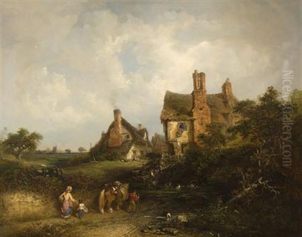 A Family Returning From Market, With Pond And Houses Beyond Oil Painting by Edward Robert Smythe